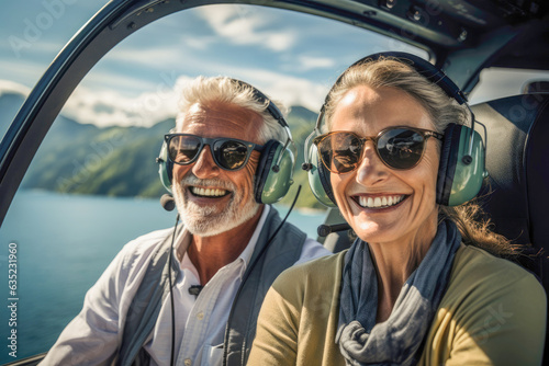A spirited senior couple embarks on a breathtaking helicopter ride, capturing the beauty of the world from new heights