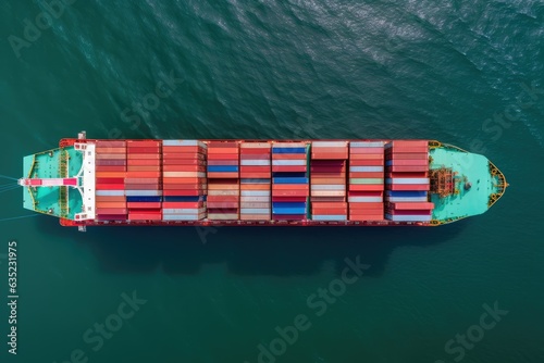 Overhead aerial view of a container cargo ship