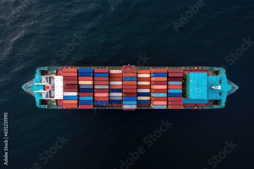 Overhead aerial view of a container cargo ship