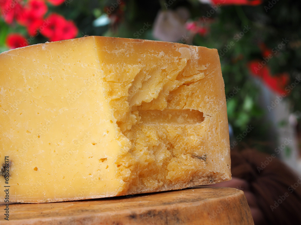 Cheese, a large piece lying on a wooden board, close-up. Natural products, the concept of healthy nutrition.
