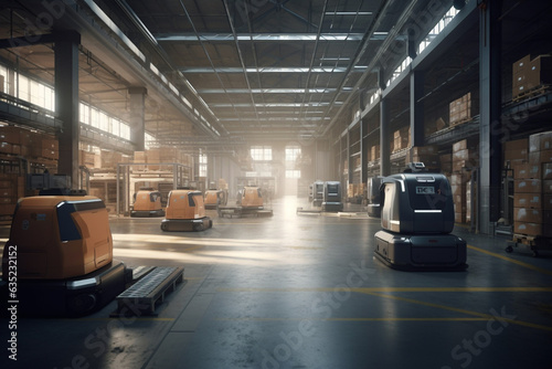 Futuristic Technology concept. Innovative high tech modern warehouse logistics displayed through automation, robotics and artificial intelligence, defining the future of industry