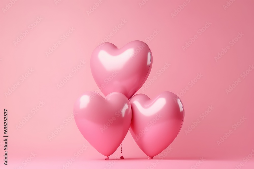 Pink heart shaped helium balloons on pink background.