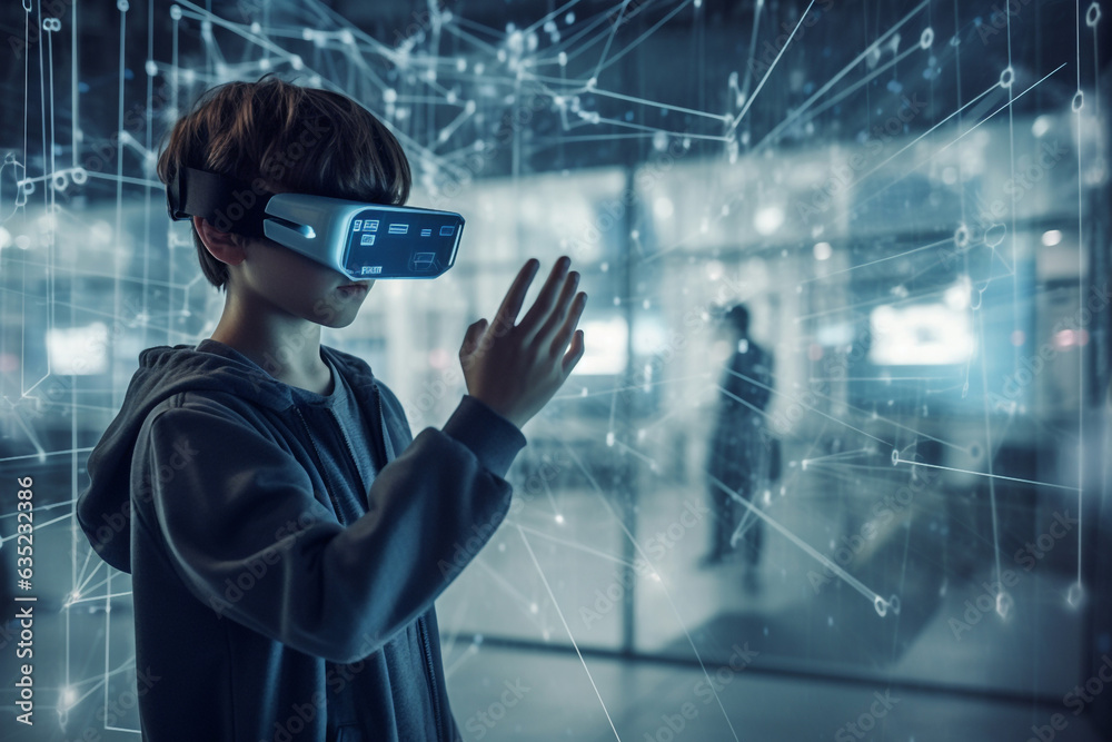 Child looking in VR glasses, experiencing 3D gadget technology. Young teenage kid boy watching and wearing virtual reality goggles in mall. Simulator glasses, another reality concept. Generative AI