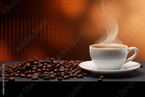 Steaming White Coffee Cup on Black Surface Surrounded by Coffee Beans with Glowing Orange and Black Abstract Pattern Background: Futuristic with Space for Text Generative AI