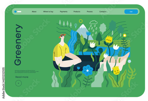 Greenery, ecology -modern flat vector concept illustration of a man sitting in the landscape with river and waterfall. Metaphor of environmental sustainability and protection, closeness to nature
