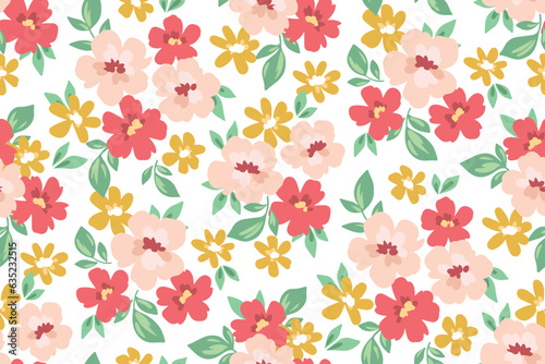 Seamless floral pattern, liberty ditsy print of colorful summer meadow, field. Pretty botanical design: simple plants, small hand drawn flowers, tiny leaves on a white background. Vector illustration.