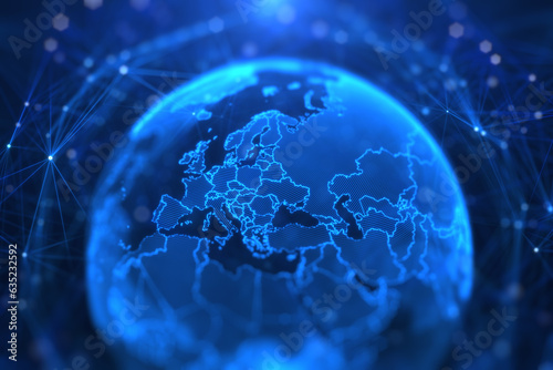 Blue holographic globe with nodes connected around earth. Concept of global network connection, communication technology, fintech, data exchange, worldwide exchange of information and online banking.