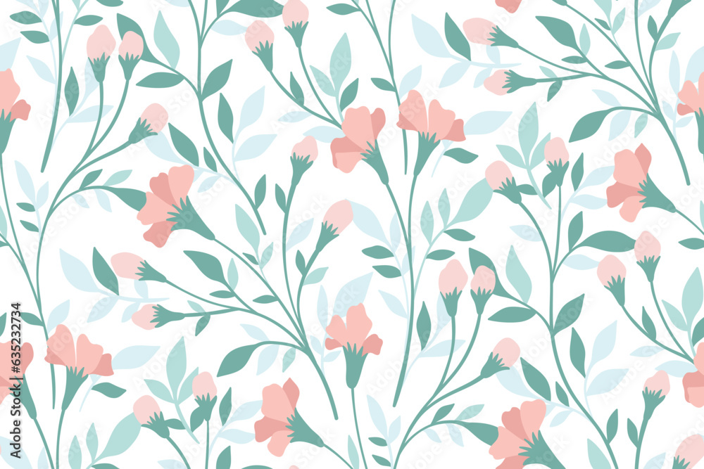 Seamless floral pattern, delicate flower print with wild plants. Romantic botanical design in light colors: small hand drawn flowers, long stems, leaves on a white background. Vector illustration. Seamless floral pattern, delicate flower print with wild plants. Romantic botanical design in light colors: small hand drawn flowers, long stems, leaves on a white background. Vector illustration.