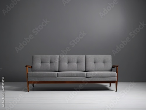 Simple and comfortable Scandinavian-style sofa couch with soft cushions and pillows on a blank grey background.