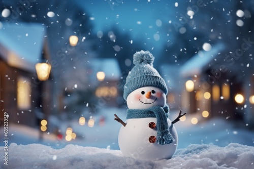 Happy Snowman as a symbol of Christmas and New Year holidays in the beautiful light of evening lights. Background