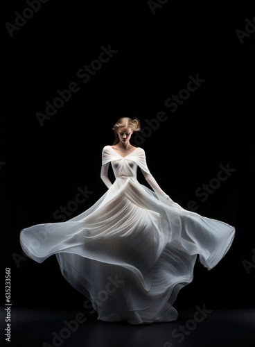 Ballerina in a Translucent Dress on a Black Background.