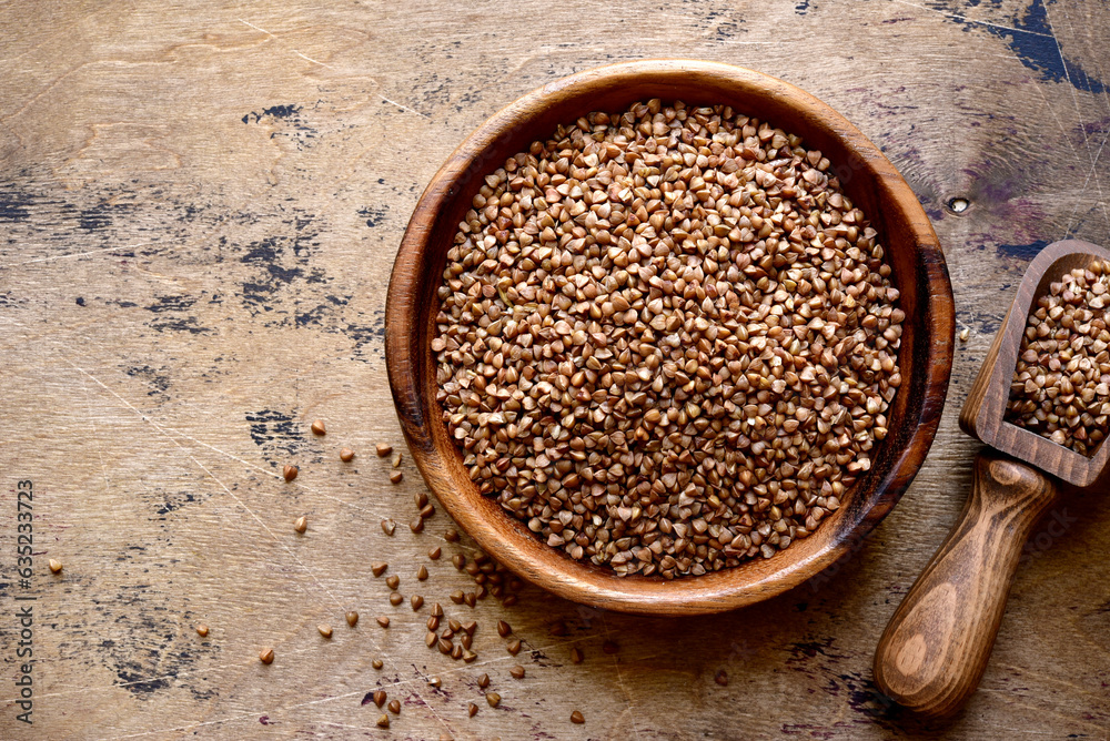Raw organic buckwheat. Top view with copy space. Raw organic buckwheat. Top view with copy space.