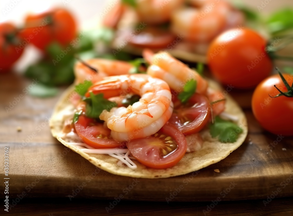 Seafood tacos with shrimps, tomatoes, onion and parsley
