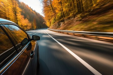 car on the road in the autumn forest. speed motion blur effect