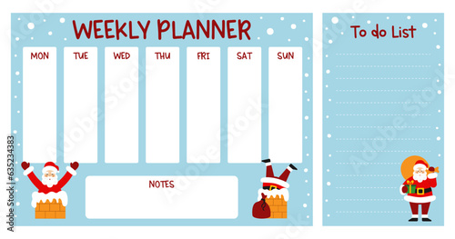 Christmas weekly planner and to do list for kids with cute Santa Claus. Winter holiday theme timetable. Class schedule for school students. Vector illustration.