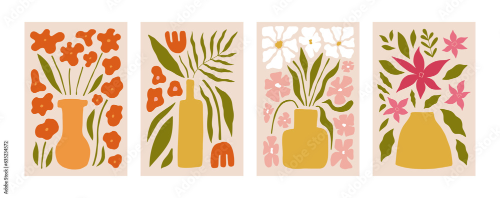 Abstract flower posters. Trendy botanical wall art with floral plants, and leaves in hippie style. Modern naive groovy funky interior decorations, and paintings. Colorful flat vector illustrations