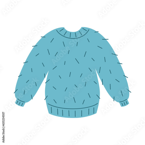 Knitted warm sweater. Fluffy blue wool jumper. Autumn or winter clothes theme. Vector illustrations on white background.