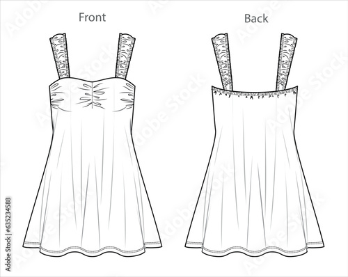 Vector woman summer strapless dress fashion CAD, mini dress with wide shoulder straps technical drawing, template, flat, sketch. Jersey or woven fabric dress with front, back view, white color