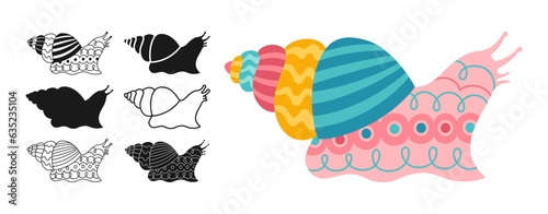 Snail with drawing ornament set. Funny mollusk silhouette shape or symbol, doodle tattoo stamp or linear ornate cartoon snails collection. Comic abstract slug kid design. Detailed child graphic vector