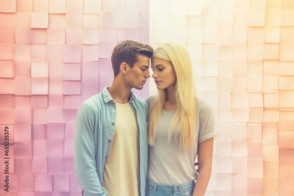 Casually dating, selective focus, pastels, video glitches, photo taken with provia. Generated by ai Casually dating, selective focus, pastels, video glitches, photo taken with provia. Generated by ai