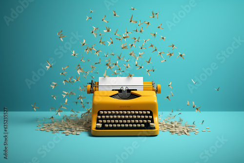 Yellow typewriter with flying papers on blue background. Inspiration for writing concept. AI Generated. photo