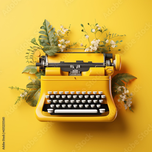 Yellow typewriter with flowers on yellow background. Inspiration for writing concept. AI Generated. photo