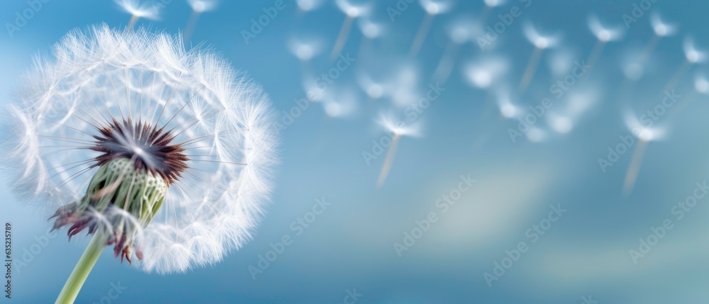 Obraz premium Close up of dandelion on the blue background. Generated by ai