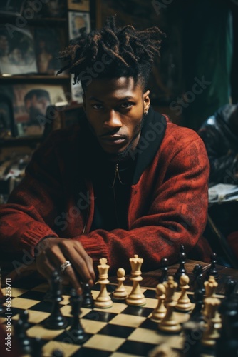 Strategic Mind: Black Man Deep in Thought During a Chess Match - Focused Play photo