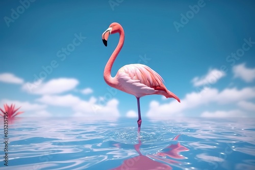 Pink flamingo in the water on a background of blue sky.