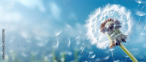 Close up of dandelion on the blue background. Generated by ai