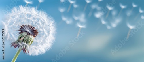 Close up of dandelion on the blue background. Generated by ai