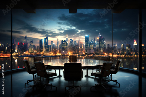 An empty boardroom in an office with a great view of a big city at night.
