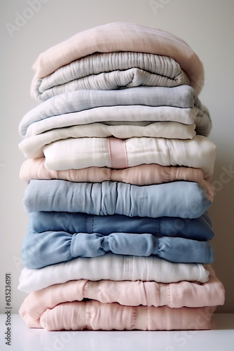 Stack of clothes on the table. Shallow depth of field.