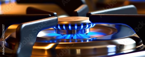 The burner of the kitchen gas stove burns with a blue-yellow flame. Generated by ai