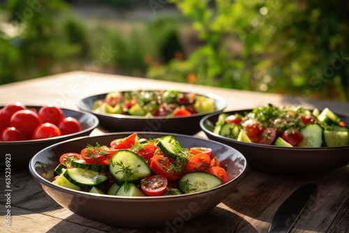 Bowls of salad in sunlight next to window. Healthy eating concept.