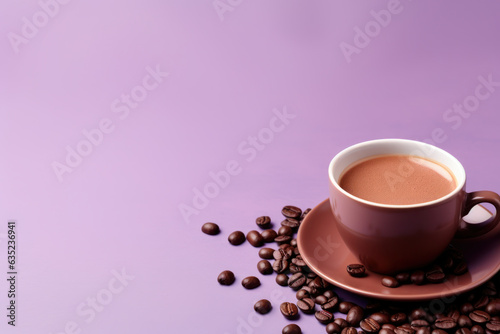 Coffee Cup with Saucer Surrounded by Brown Coffee Beans on Pastel Purple Background Generative AI