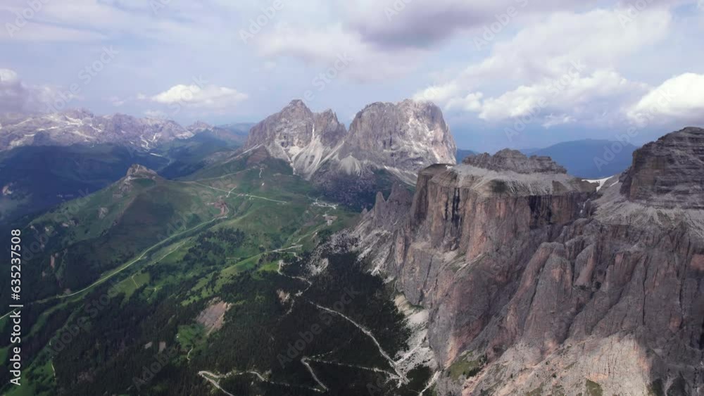 Aerial view of Pordoi famous rocky mountain peak in Dolomites, Italy Aerial view of Pordoi famous rocky mountain peak in Dolomites, Italy