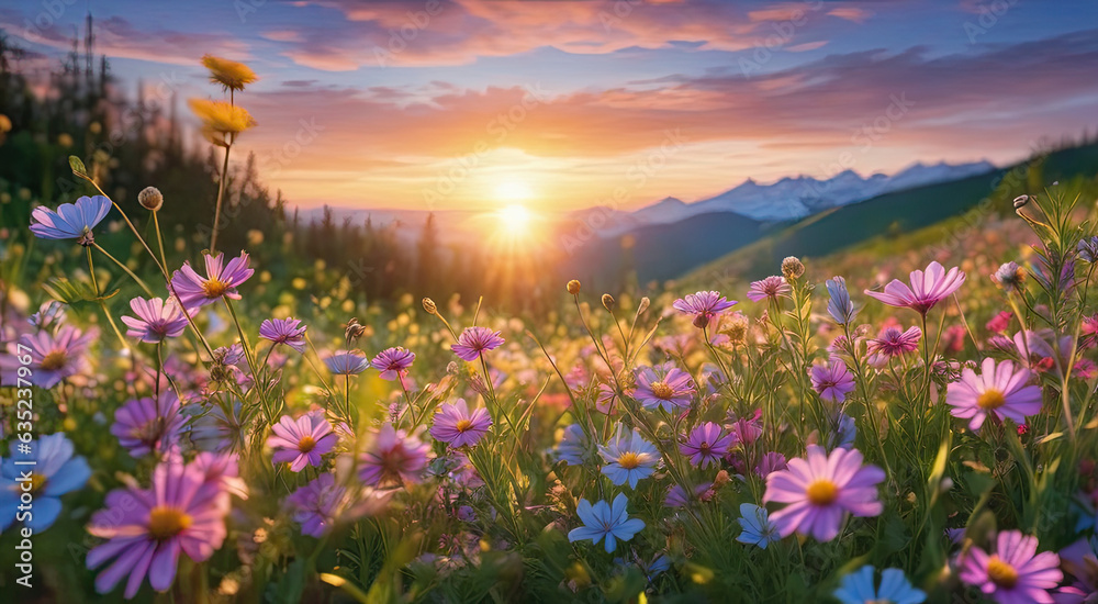 Obraz premium Vibrant Sunset over Idyllic Meadow with Wildflowers