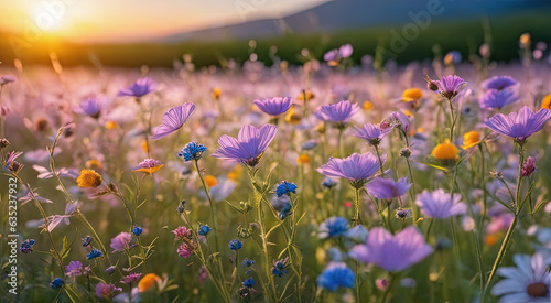 Vibrant Sunset over Idyllic Meadow with Wildflowers