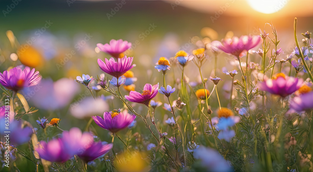 Vibrant Sunset over Idyllic Meadow with Wildflowers Vibrant Sunset over Idyllic Meadow with Wildflowers