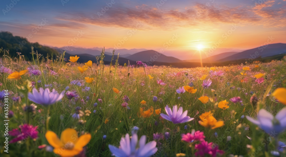 Vibrant Sunset over Idyllic Meadow with Wildflowers Vibrant Sunset over Idyllic Meadow with Wildflowers