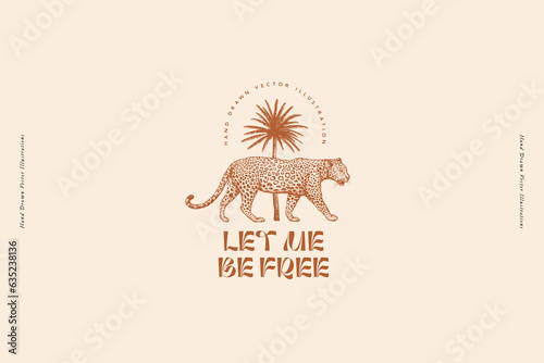 Leopard and palm tree in engraving style. Wild cat on a light background. Predatory animal in vintage style. Emblem or logo template. Hand drawn vector retro illustration.