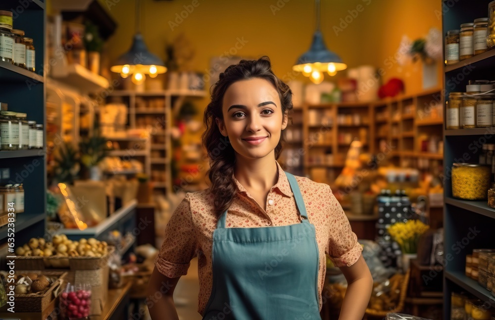 Portrait of a beautiful young woman in apron standing in a shop