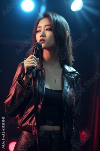 Asian girl singing with a microphone, C-POP concept