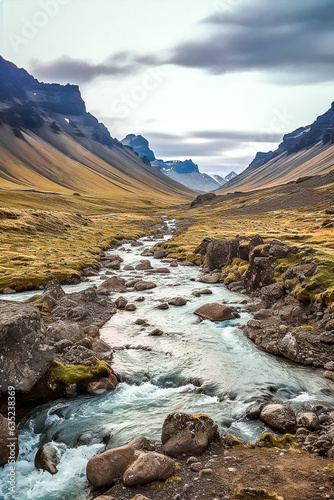 Paysage montagneux d'Islande avec ruisseau - Générative IA