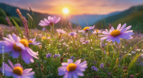 Vibrant Sunset over Idyllic Meadow with Wildflowers