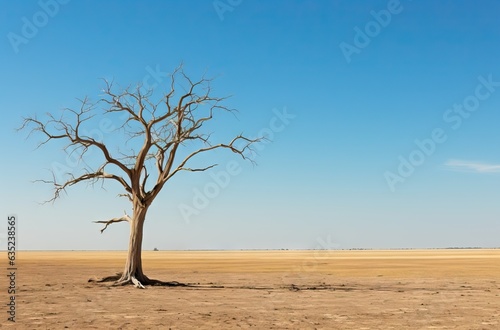 a dead tree in a dry field with clear sky