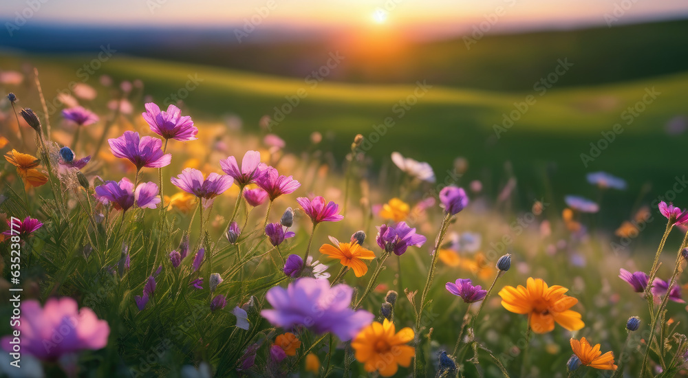 Fototapeta premium Vibrant Sunset over Idyllic Meadow with Wildflowers