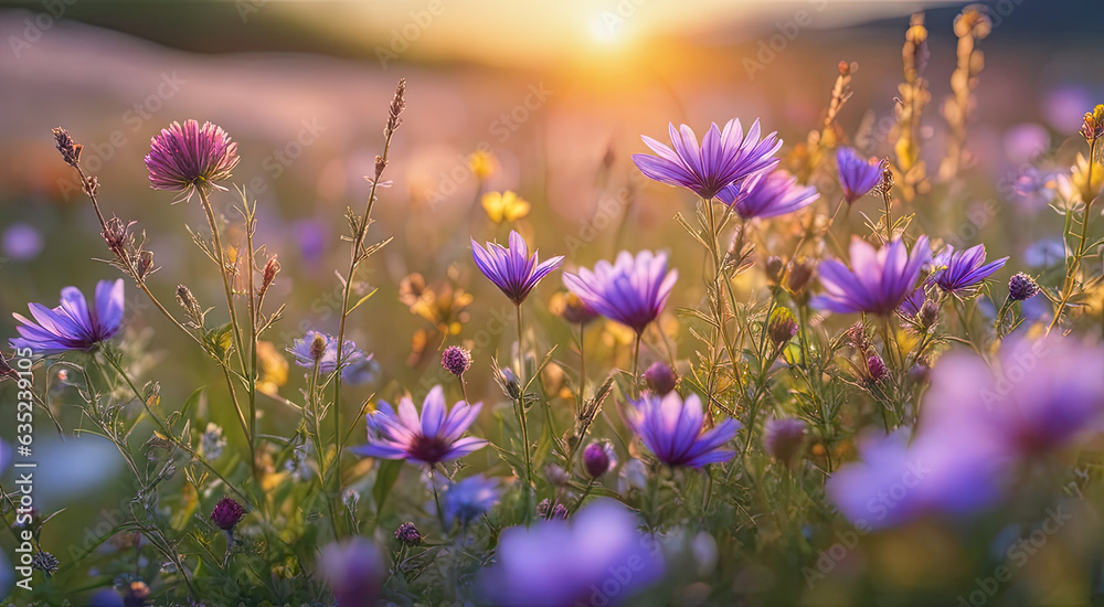 Obraz premium Vibrant Sunset over Idyllic Meadow with Wildflowers