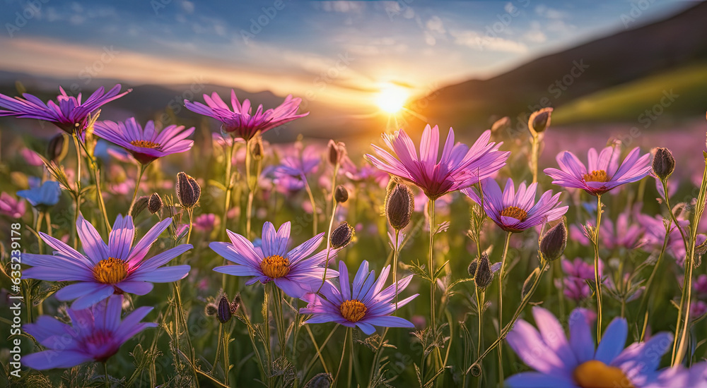 Fototapeta premium Vibrant Sunset over Idyllic Meadow with Wildflowers